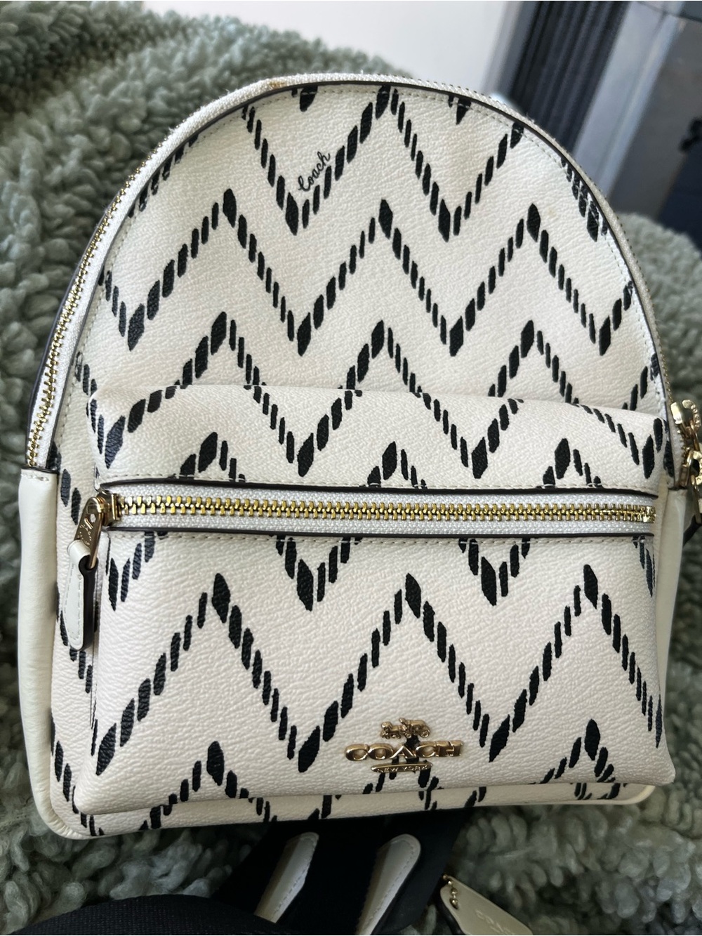Coach Cream & Black Chevron Mini Backpack with Gold Hardware